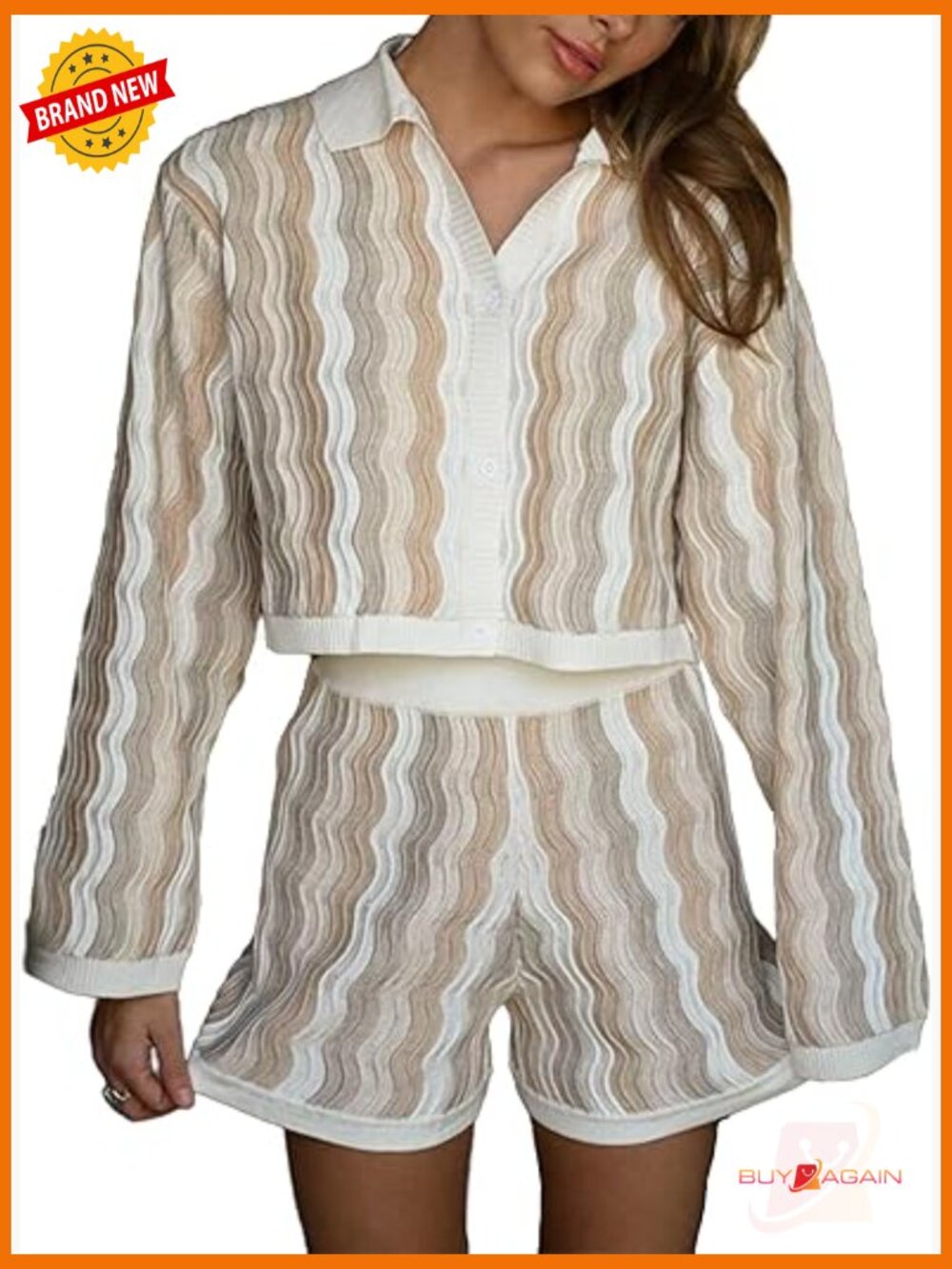 Crochet Two Piece Lounge Set Long Sleeve Stripe Top & Shorts